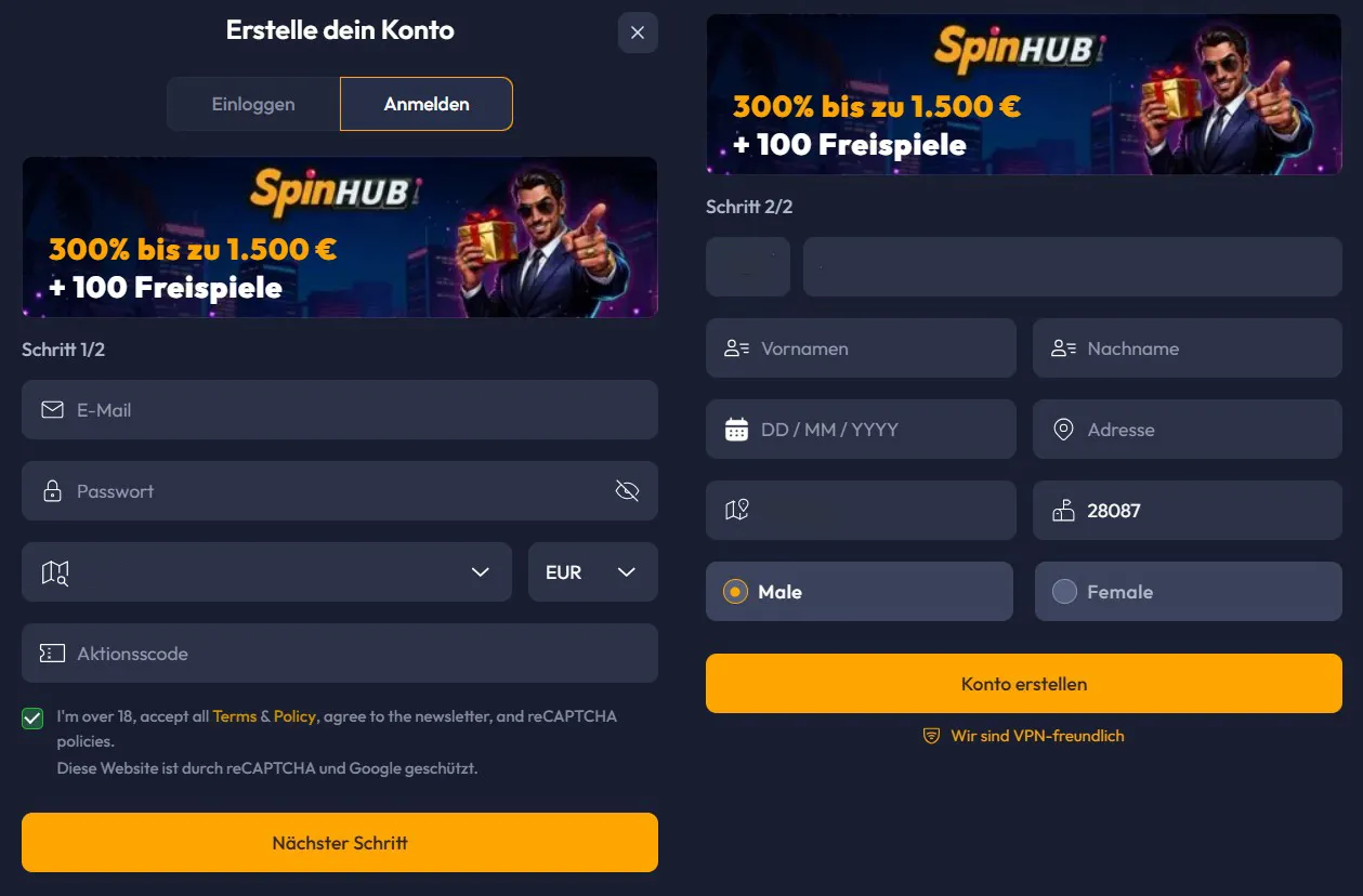 SpinHub Casino registr